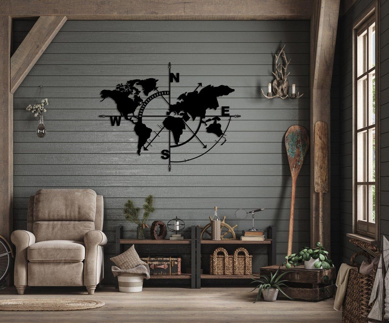 Metal World Map Decor, World Map Compass Wall Art, Metal Wall Art, Home