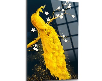 Peacock Wall Decor, Glass Wall Art, Frameless Free Floating Tempered Glass Panel, Home Office Living Room Decoration, Housewarming Gift
