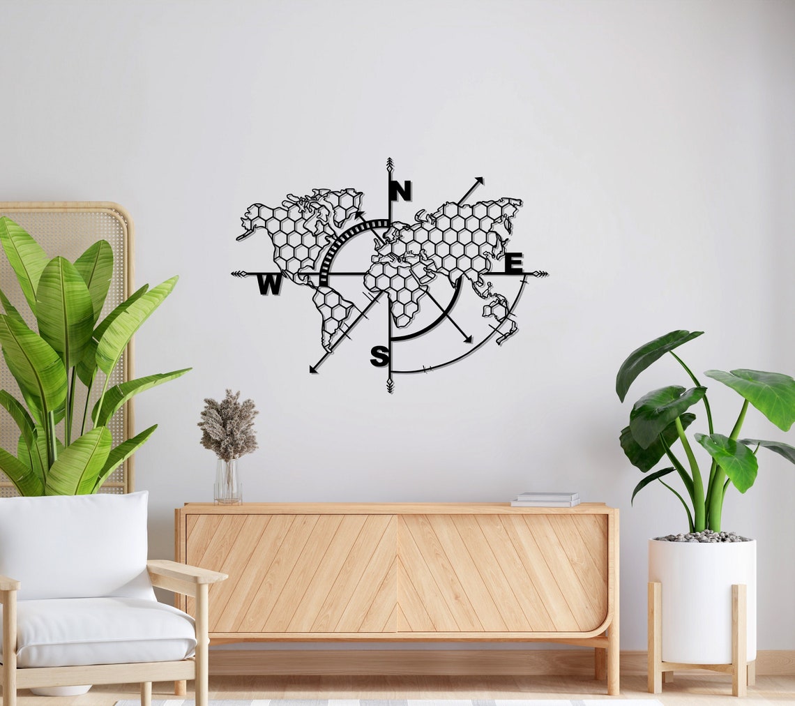 Metal Honeycomb World Map Compass Wall Art Decor, Metal Wall Art, Home ...