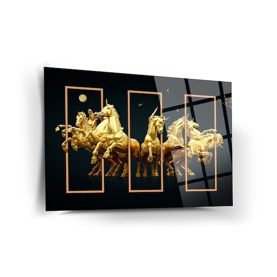Golden Horse Wall Decor, Glass Wall Art, Frameless Free Floating Tempered Glass Panel, Home Office Living Room Decoration, Housewarming Gift