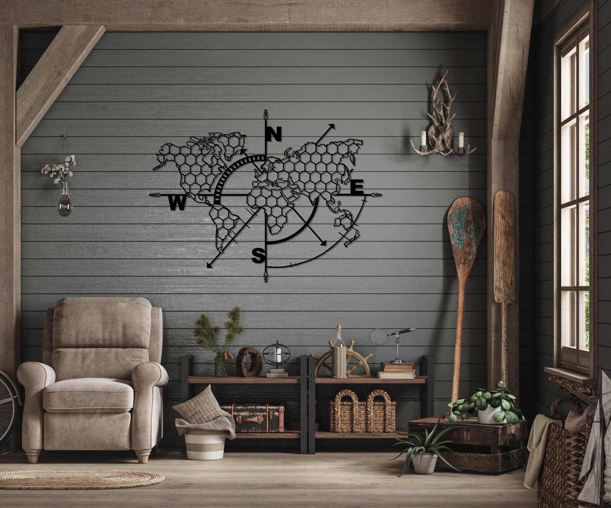 Metal Honeycomb World Map Compass Wall Art Decor, Metal Wall Art, Home ...