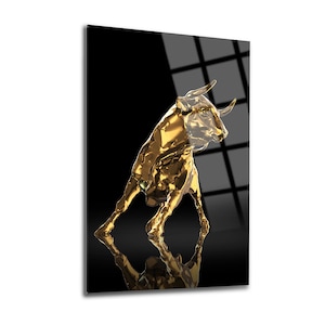 Golden Bull Wall Decor, Glass Wall Art, Frameless Free Floating Tempered Glass Panel, Home Office Living Room Decoration, Housewarming Gift