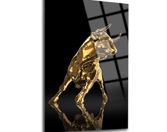 Golden Bull Wall Decor, Glass Wall Art, Frameless Free Floating Tempered Glass Panel, Home Office Living Room Decoration, Housewarming Gift
