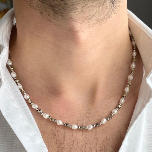 Mens Pearl Necklace With Hematite Gold Pearl Necklace Men Etsy
