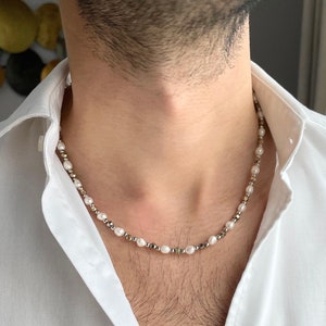 Mens Pearl Necklace with Gold Hematite, Pearl Necklace Men, Real Pearl Necklace for Men, Gifts for Men, Birthday Gift for Him, y2k Jewelry zdjęcie 1