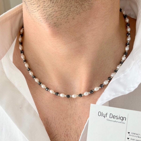 Mens Pearl Necklace with Hematite, Pearl Necklace Men, Real Pearl Necklace for Men, Gifts for Men, Birthday Gift for Him, y2k Jewelry