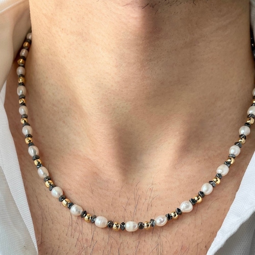 Mens Pearl Necklace With Gold Hematite Pearl Necklace Men Etsy