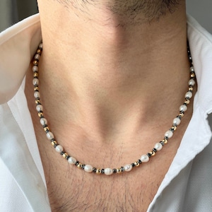 Mens Pearl Necklace with Hematite Gold, Pearl Necklace Men, Real Pearl Necklace for Men, Gifts for Men, Birthday Gift for Him, y2k Jewelry