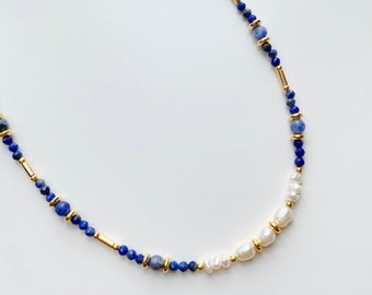 Lapis Lazuli Necklace with Baroque Pearls, Pearl Choker, Real Pearl Necklace with Sodalite, Beaded Necklace y2k, Gift for Mom