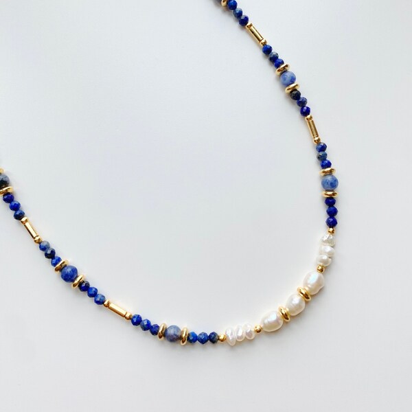 Lapis Lazuli Necklace with Baroque Pearls, Pearl Choker, Real Pearl Necklace with Sodalite, Beaded Necklace y2k, Gift for Mom