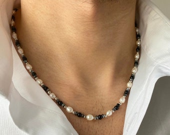 Mens Pearl Necklace with Black Onyx, Pearl Necklace Men, Real Pearl Necklace for Men, Gifts for Men, Birthday Gift for Him, y2k Jewelry