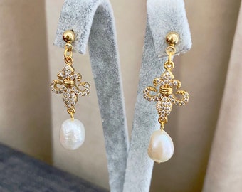 Boho Chandelier Earrings with Drop Dangle Pearl, Valentine's Day Earrings, Earrings, Gold Dangle Earrings, Dainty Pave CZ Diamond Earrings