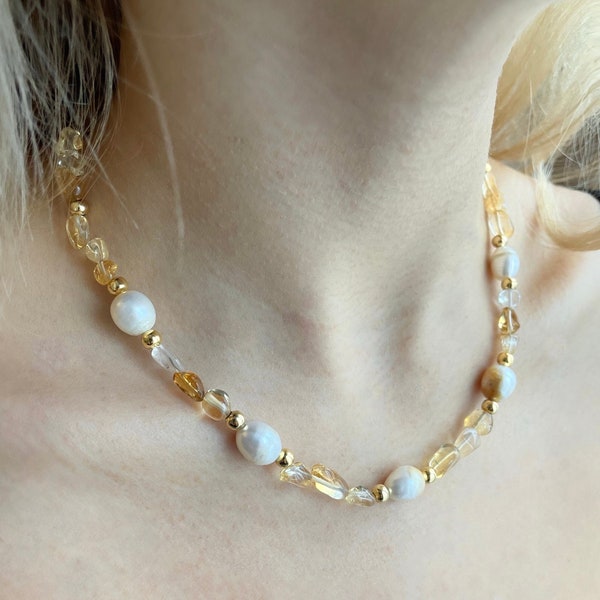 Collier féerique en citrine, perles baroques, collier tendance, tour de cou en perles avec cristal de citrine, collier y2k Princesscore, tour de cou en cristal
