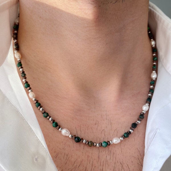 Malachite Necklace Men, Mens Pearl Necklace, Pearl Necklace Men, Real Pearl Necklace for Men, Gifts for Men Unique, Birthday Gift For Him