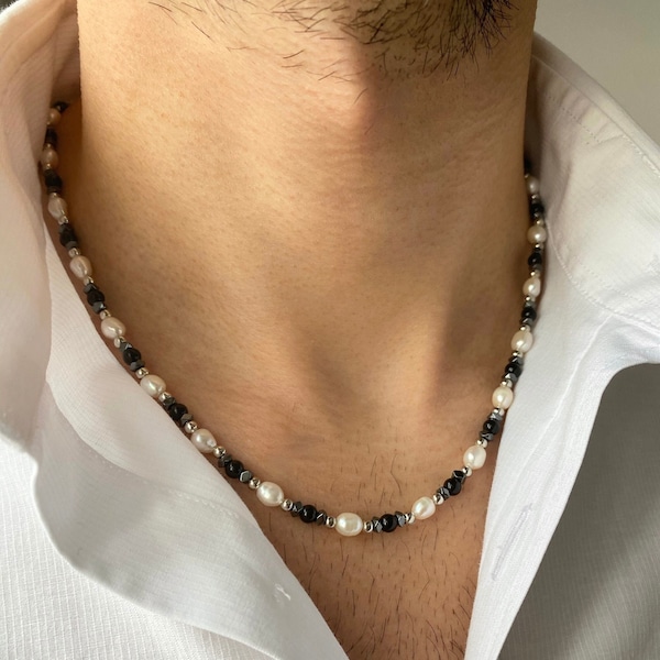 Herren Perlenkette mit schwarzem Onyx, Perlenkette Männer, echte Perlenkette für Männer, Geschenke für Männer, Geburtstagsgeschenk für ihn, y2k Schmuck