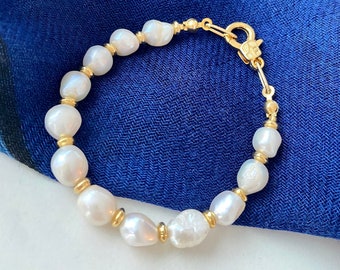 Big Freshwater Pearl Bracelet with Gold Paperclip Chain, Real Pearl Bracelet, Pearl Wedding Bracelet, Big Baroque Pearl Bracelet