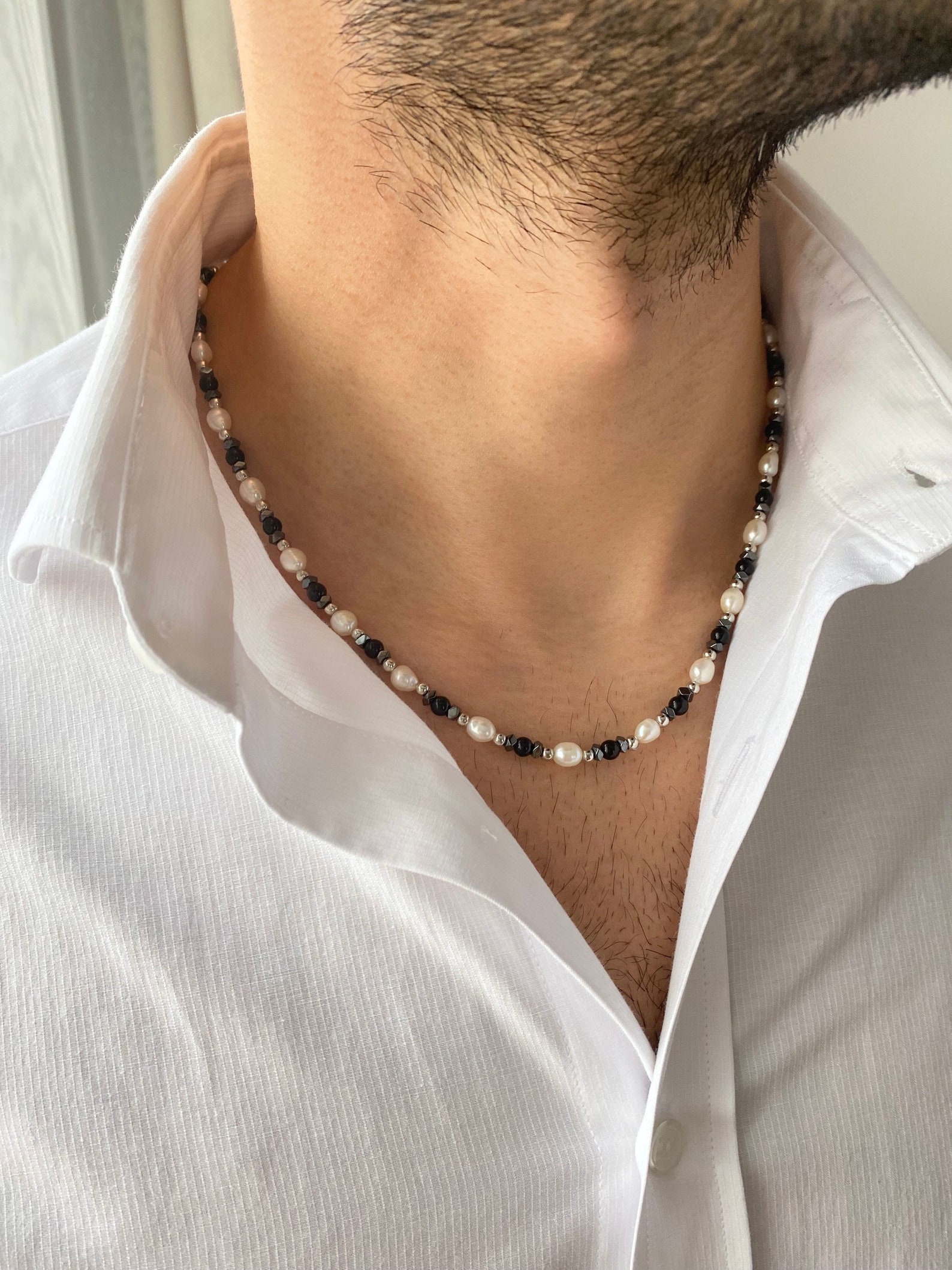 Mens Pearl Necklace With Black Onyx Pearl Necklace Men Real Etsy