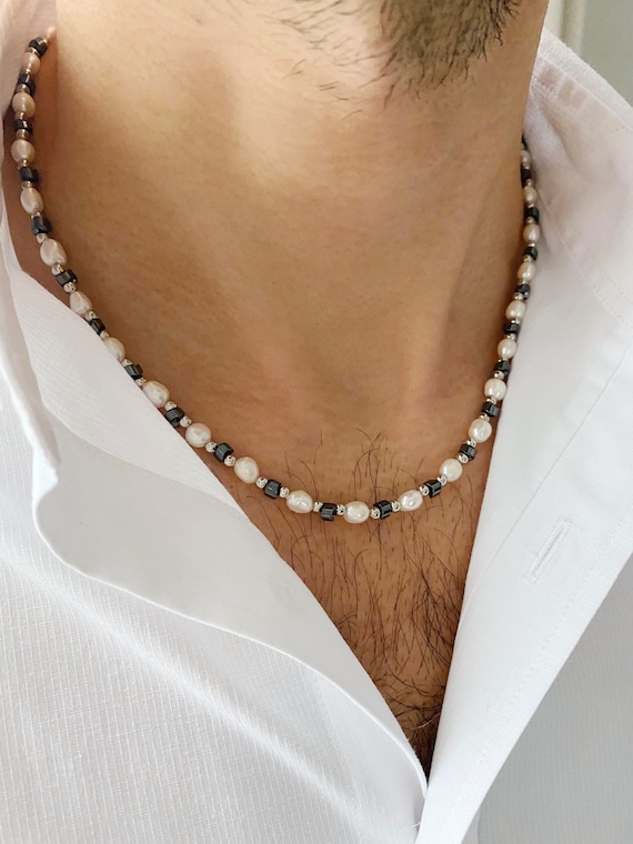Mens Pearl Necklace With Hematite Pearl 