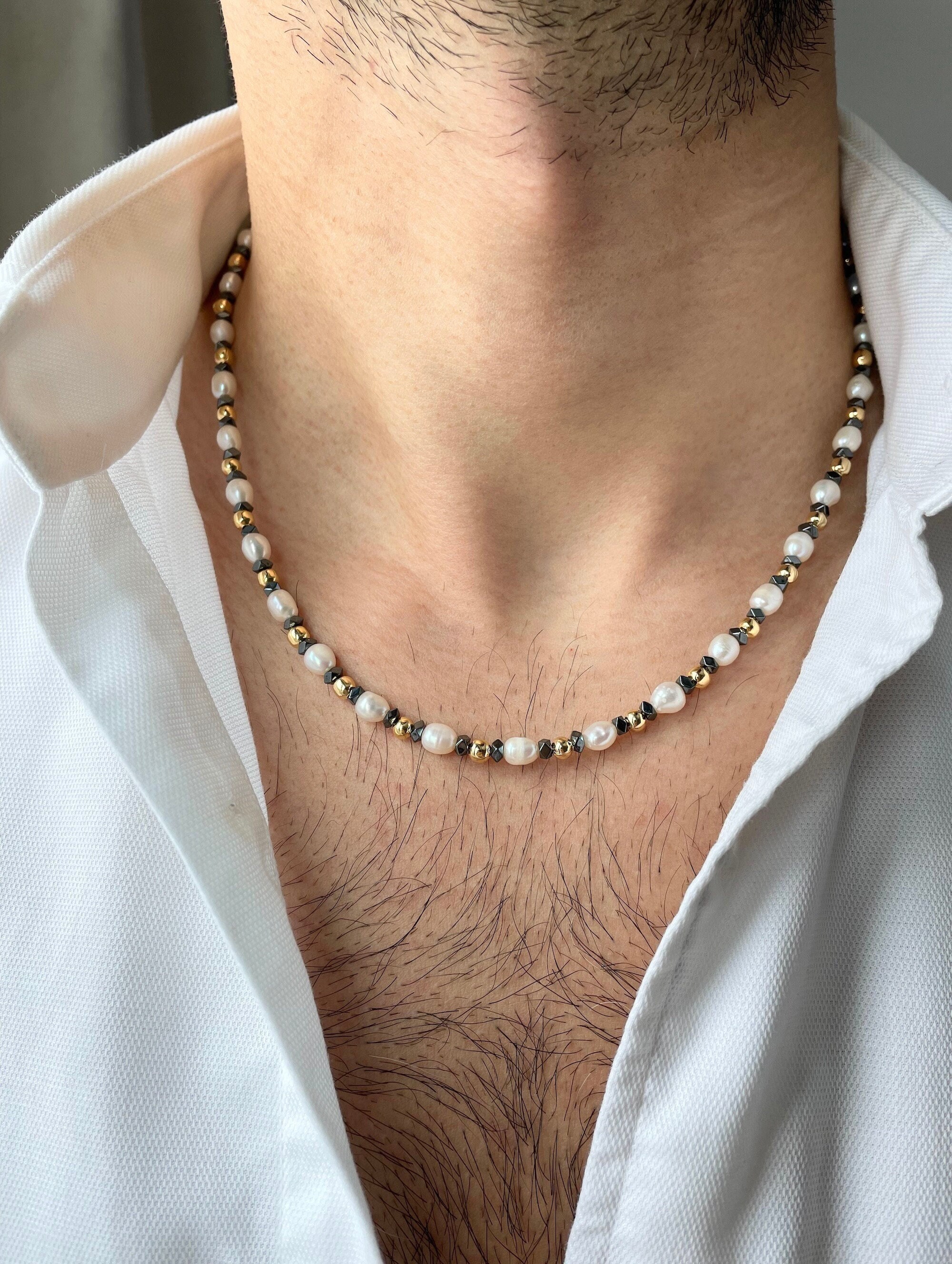 Real Pearls for Real Men! Single Pearl Choker on Chain with Tiger Eye –  Bourdage Pearls