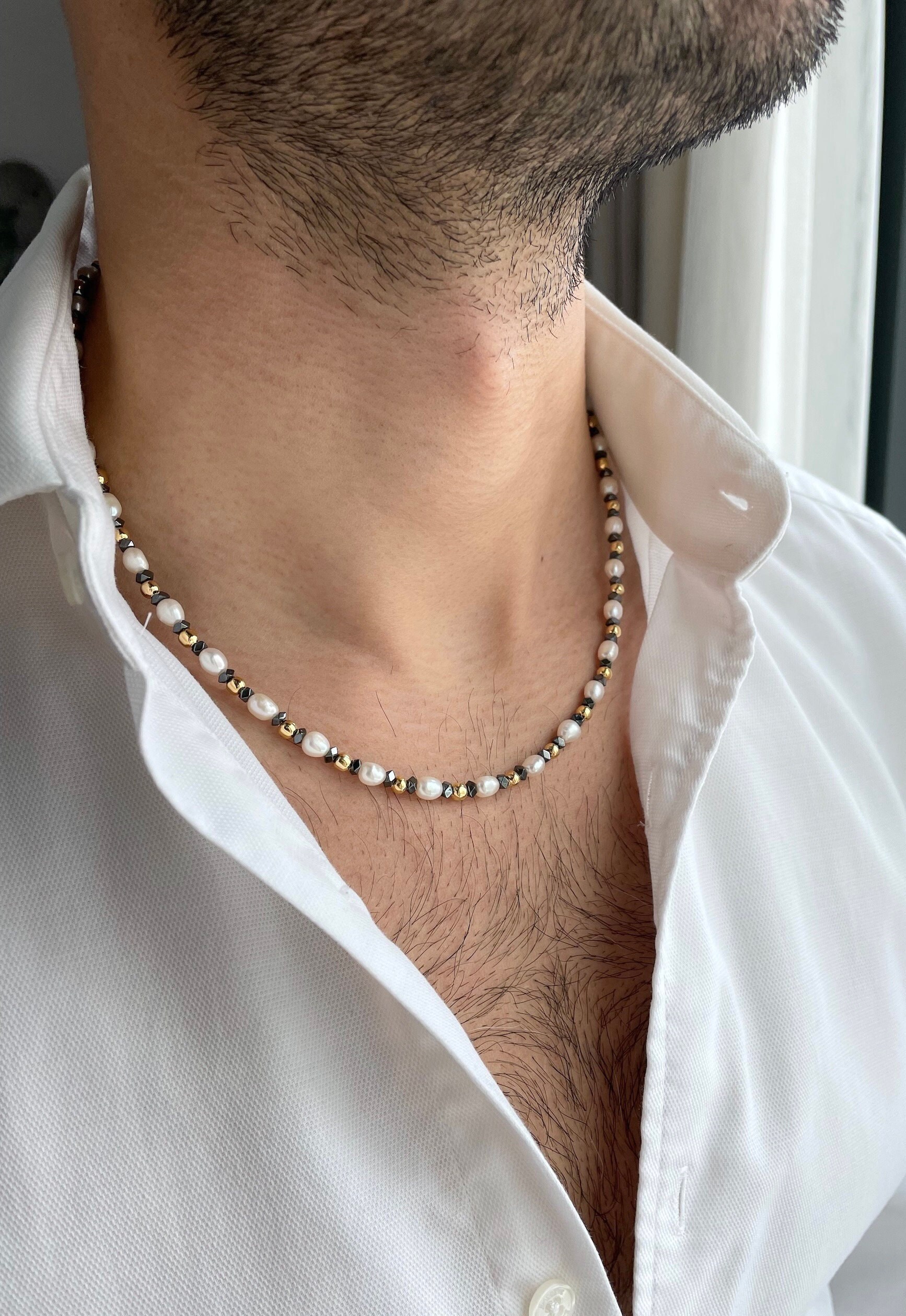 Mujeres Hombres Moda Collar Imán artificial Hematita Oro Perla Collar WT 