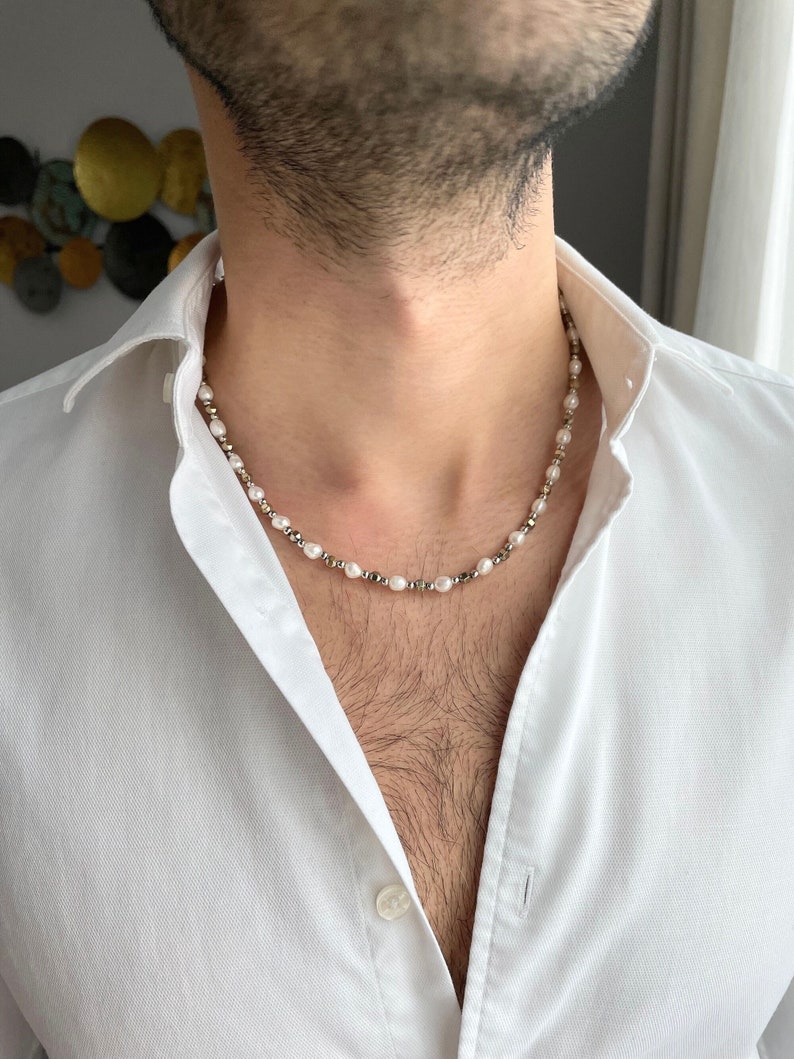 Mens parelketting met gouden hematiet, parelketting mannen, echte parelketting voor mannen, cadeaus voor mannen, verjaardagscadeau voor hem, y2k sieraden afbeelding 1