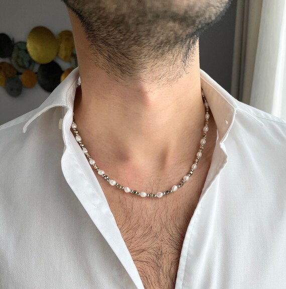 Gold Hematite Pearl Necklace Men 