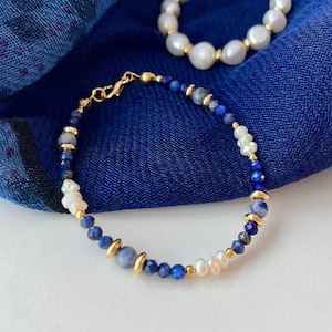 Dainty Lapis Gold Bracelet With Real Pearls, Lapis Lazuli Bracelet ...