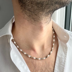 Mens parelketting met gouden hematiet, parelketting mannen, echte parelketting voor mannen, cadeaus voor mannen, verjaardagscadeau voor hem, y2k sieraden afbeelding 6