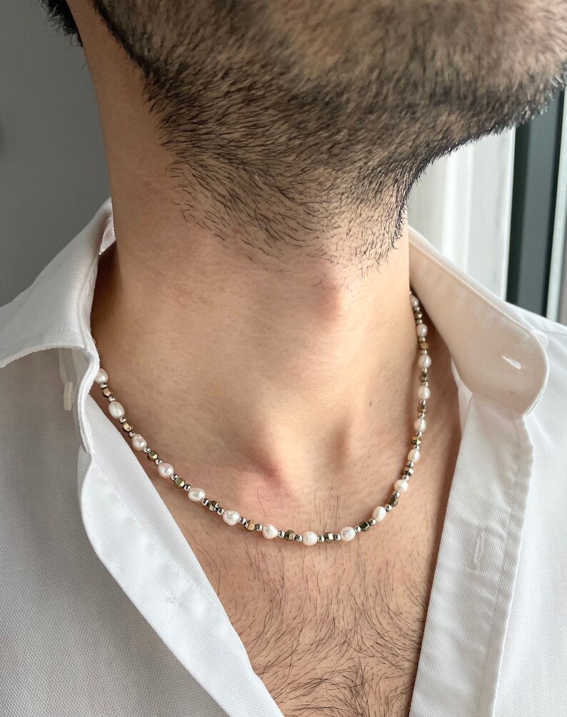 Mens parelketting met gouden hematiet, parelketting mannen, echte parelketting voor mannen, cadeaus voor mannen, verjaardagscadeau voor hem, y2k sieraden afbeelding 6