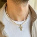 Mens Gold Cross Necklace, Mens Pearl Necklace, Pearl Necklace Men, Real Pearl Necklace, Gifts for Men, Birthday Gift for Him, y2k Necklace 