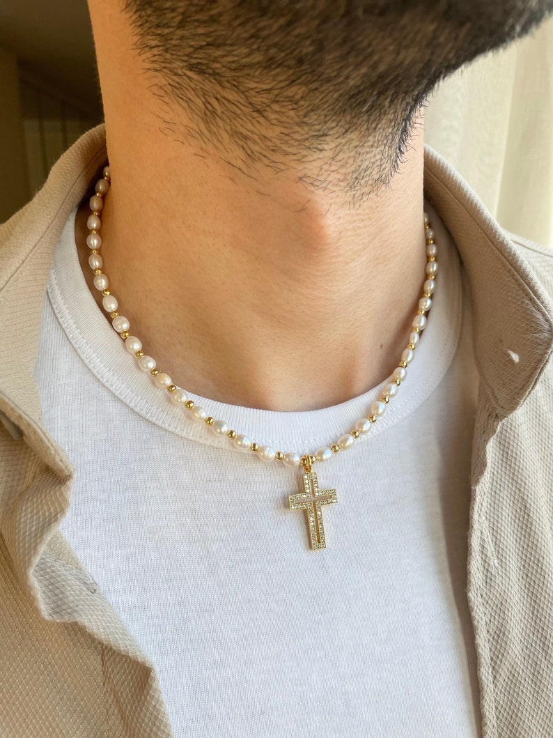 Mens Gold Cross Necklace, Mens Pearl Necklace, Pearl Necklace Men, Real Pearl Necklace, Gifts for Men, Birthday Gift for Him, y2k Necklace 