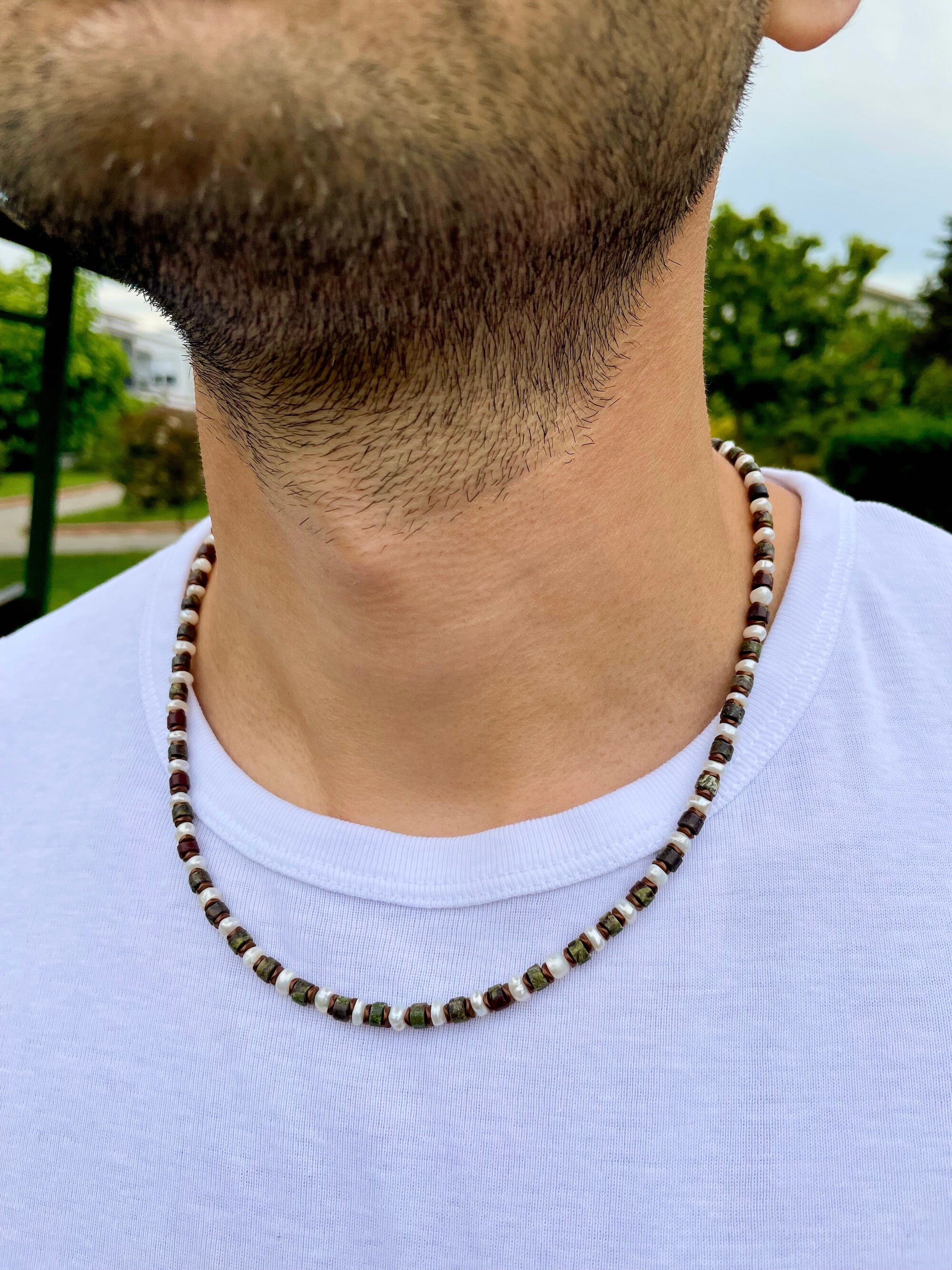 Mens Pearl Necklace Hematite Pearl 