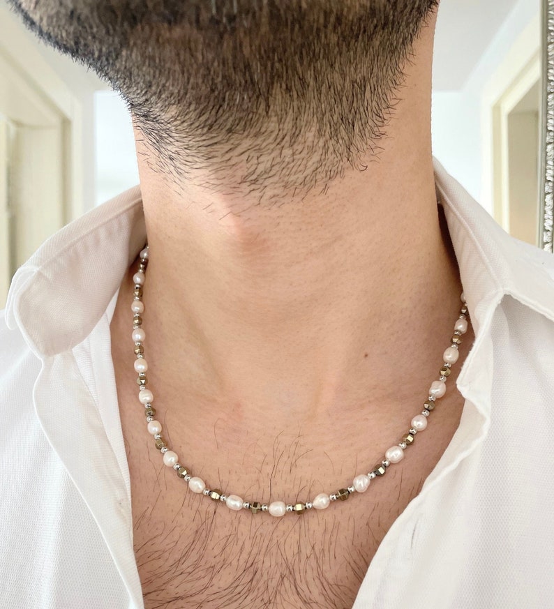 Mens parelketting met gouden hematiet, parelketting mannen, echte parelketting voor mannen, cadeaus voor mannen, verjaardagscadeau voor hem, y2k sieraden afbeelding 4