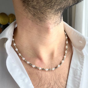 Mens parelketting met gouden hematiet, parelketting mannen, echte parelketting voor mannen, cadeaus voor mannen, verjaardagscadeau voor hem, y2k sieraden afbeelding 8