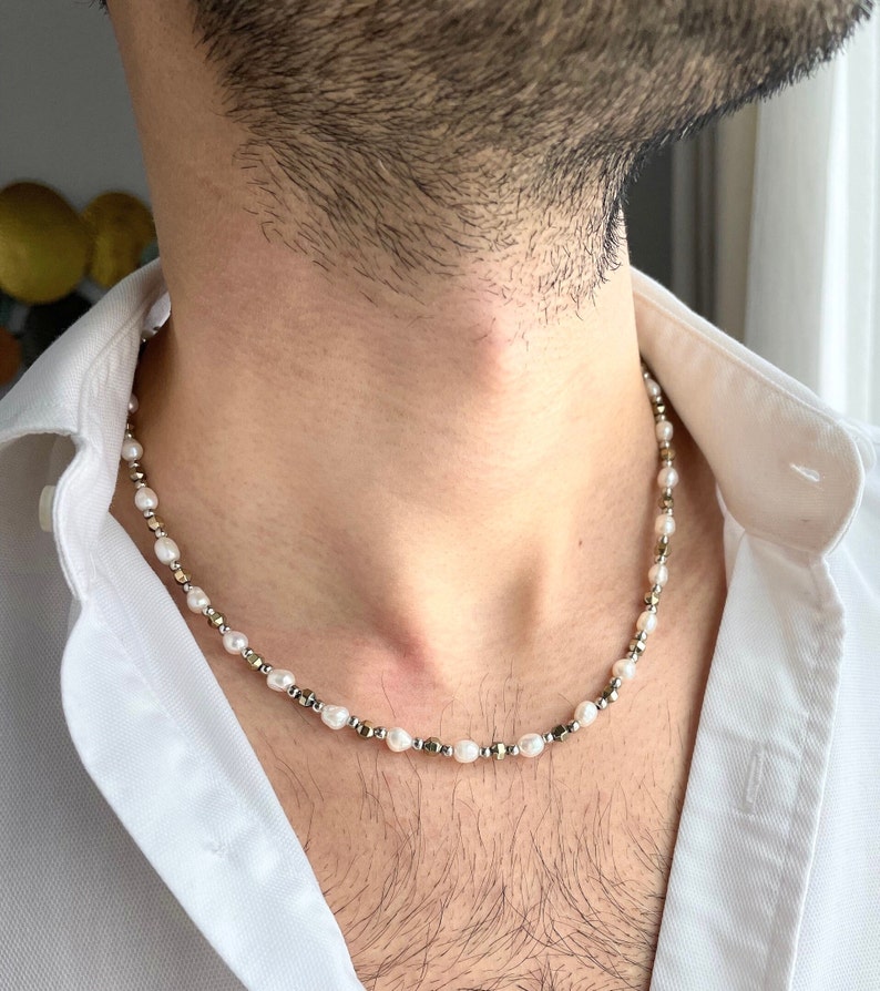 Mens parelketting met gouden hematiet, parelketting mannen, echte parelketting voor mannen, cadeaus voor mannen, verjaardagscadeau voor hem, y2k sieraden afbeelding 8