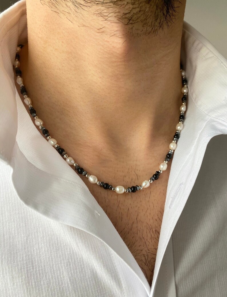 Mens Pearl Necklace with Black Onyx, Pearl Necklace Men, Real Pearl Necklace for Men, Gifts for Men, Birthday Gift for Him, y2k Jewelry 