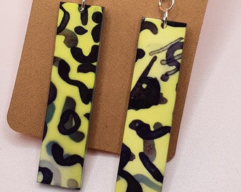 Handmade Acrylic Earrings: Rectangle bar acrylic art earrings with yellow and black abstract patterns
