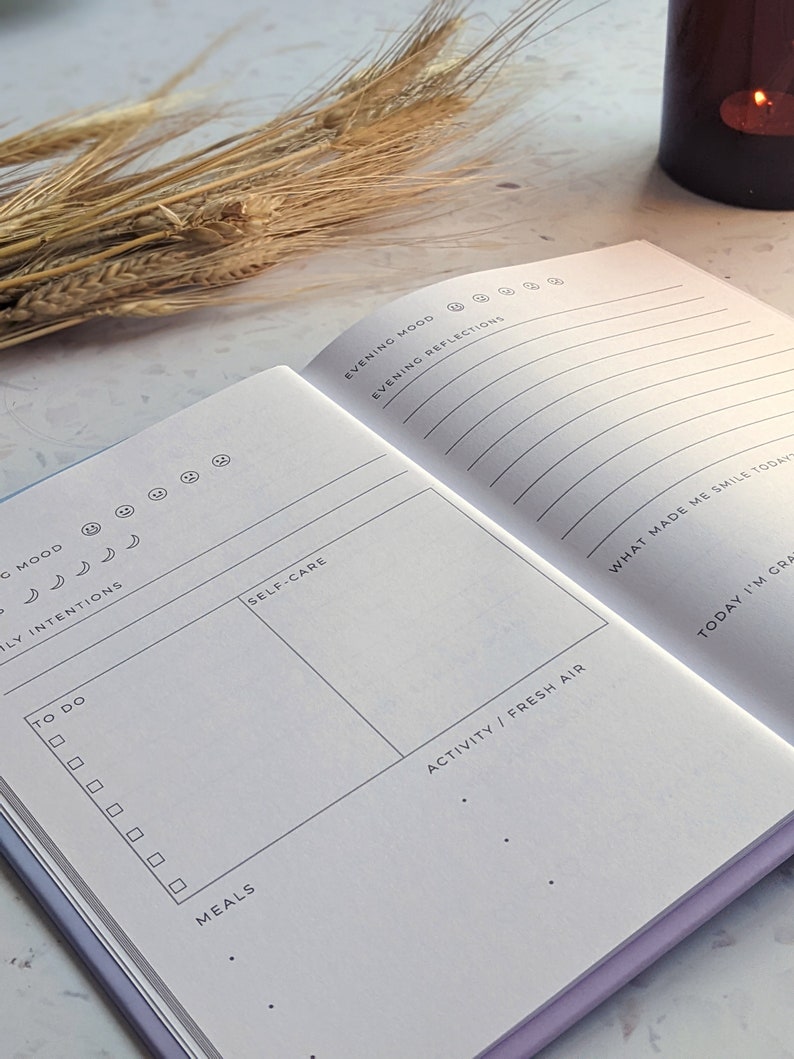 May include: A white journal with a purple cover. The journal has sections for daily tasks, self-care, meals, activities, and evening reflections. The journal is open to a page with a section for "What made me smile today?" and "Today I'm grateful for..."