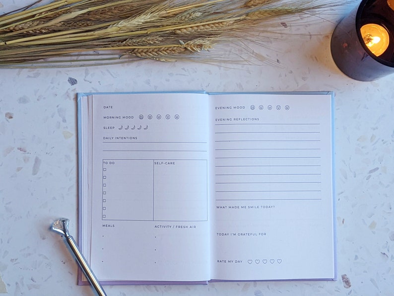 May include: A light blue daily planner with sections for date, morning mood, sleep, daily intentions, to do, self-care, meals, activity, fresh air, evening mood, evening reflections, what made me smile today, today I'm grateful for, and rate my day.