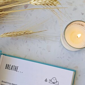 May include: A book with the word "BREATHE..." on the cover. The book is open to a page with a simple illustration of a person meditating with a candle nearby. The text on the page reads "Breathing deeply activates the body's relaxation response, the parasympathetic nervous system. Meanwhile, holding your breath activates the body's stress response, the sympathetic nervous system."