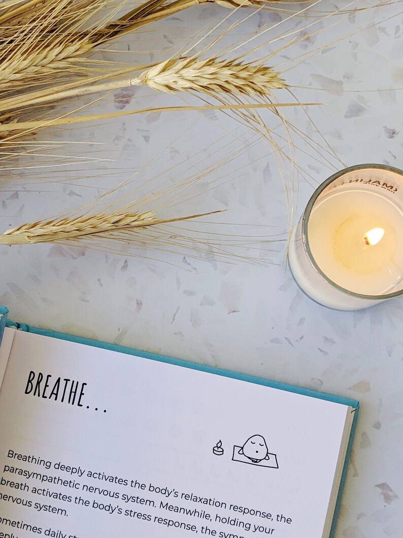 May include: A book with the word "BREATHE..." on the cover. The book is open to a page with a simple illustration of a person meditating with a candle nearby. The text on the page reads "Breathing deeply activates the body's relaxation response, the parasympathetic nervous system. Meanwhile, holding your breath activates the body's stress response, the sympathetic nervous system."