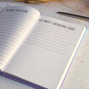 May include: An open journal with a purple cover and white pages. The left page has the text "This Week's Reflections" and lined space for writing. The right page has the text "Next Week's Intentions/Goals" and lined space for writing.