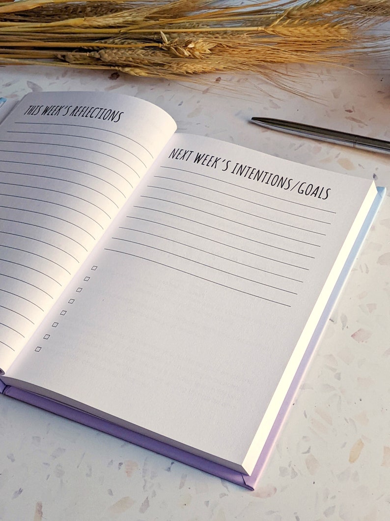 May include: An open journal with a purple cover and white pages. The left page has the text "This Week's Reflections" and lined space for writing. The right page has the text "Next Week's Intentions/Goals" and lined space for writing.