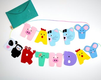 Banner HAPPY BIRTHDAY, decorazione per feste di compleanno per bambini, ghirlanda di feltro con animali, striscione di compleanno per bambini, regalo di compleanno per bambini