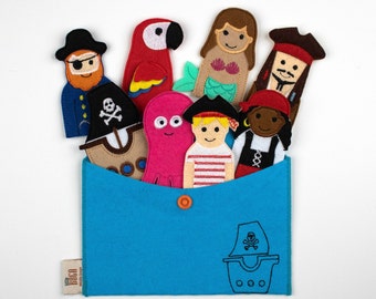Set di marionette da dito in feltro PIRATI, attività educative per bambini piccoli, giocattoli Montessori fatti a mano, regali per bambini in età prescolare