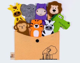 Conjunto de marionetas de dedo de fieltro - ANIMALES SAFARI, regalos para niños, actividades educativas para niños pequeños, juguetes Montessori hechos a mano