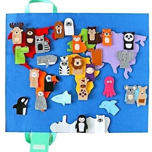 Pädagogischer Filz-Tierweltatlas | Spielmatte 7 Kontinente & 28 Fingerpuppen | Montessori Lernspielzeug