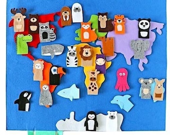 Atlante del mondo animale in feltro educativo / Tappetino da gioco dei 7 continenti e 28 marionette da dito / Giocattolo didattico Montessori