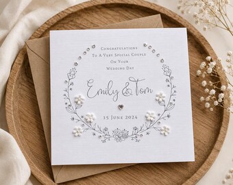 Personalised Handmade Wedding Day Card, Happy Couple, Flower Wreath