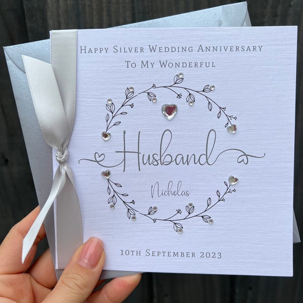 Personalised Handmade 25th Wedding Anniversary Card. Husband Wife Couple. Silver wedding Anniversary